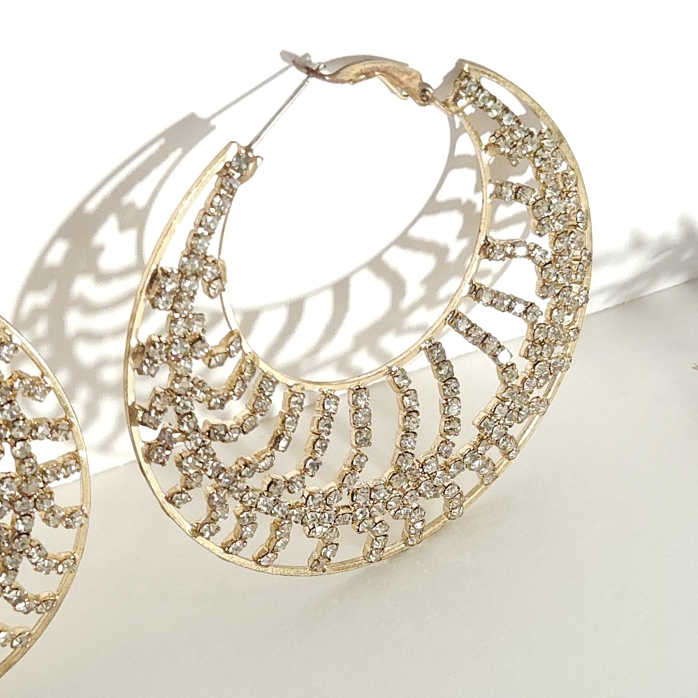 Gold Tone Crystal Hoop Earrings Large Crystal Statement Hoop Earrings - Picture 6 of 14